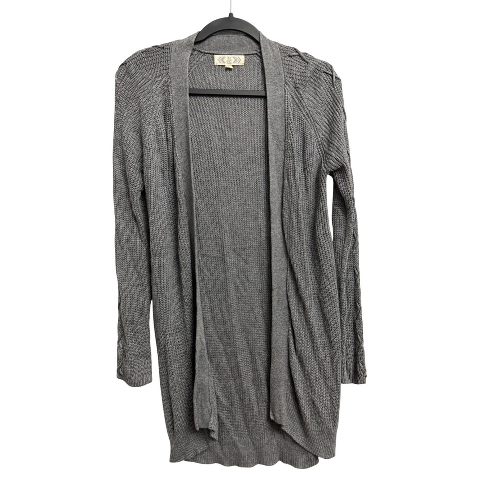 Pink Rose Gray Open Front Cable Knit Sleeve Cardigan Sweater PF737000 Small